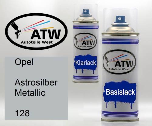 Opel, Astrosilber Metallic, 128: 400ml Sprühdose + 400ml Klarlack - Set, von ATW Autoteile West.